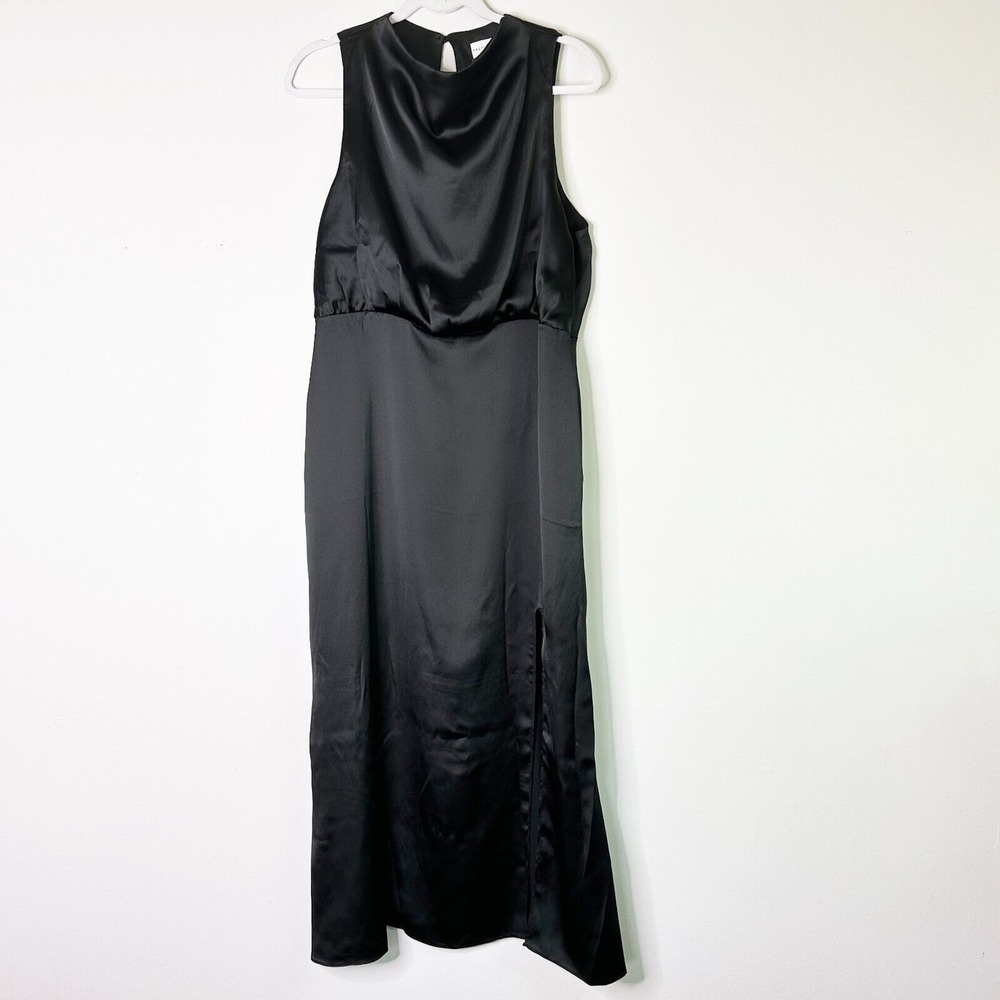 Pretty Lavish Dress Women 16 Curve Midi Black Satin Cowl Neck High Slit NWT